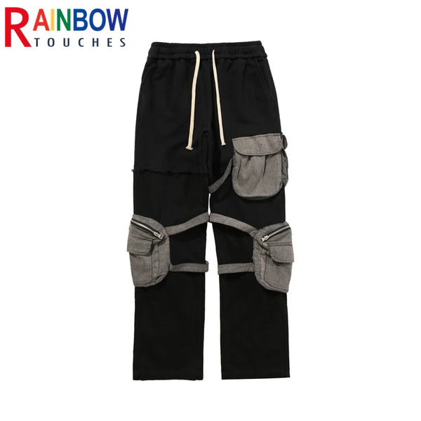 rainbowtouches fashion classic brand mens cargo pants casual color contrast trousers loose straight high street style overalls multi-pocket cargos