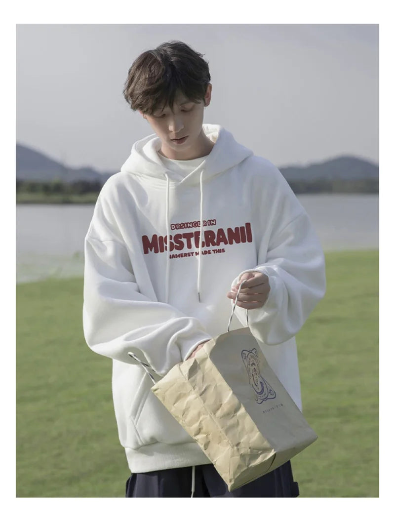 American Retro Casual Hoodies For Men Letter Printed Loose Fit Hooded