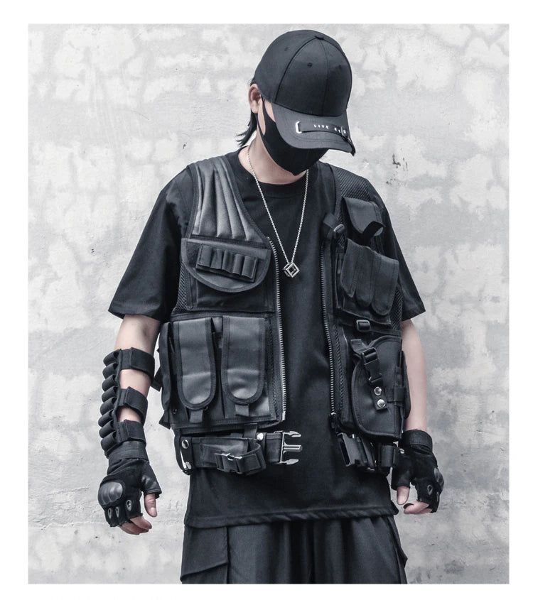 hip hop sleeveless vests mesh adjustment cargo waistcoat with pockets zipper military jacket streetwear tactical vest sweatsh - variant style 74a5ee for streetwear fashion