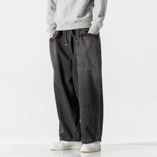 large size jeans basic denim pants solid color mens casual wide leg pants waist elastic hip hop baggy man trousers stacked flare jeans