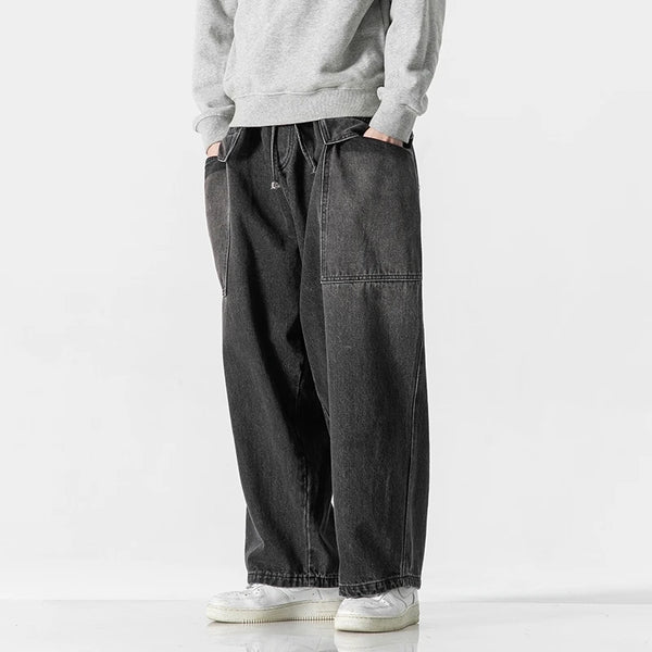 large size jeans basic denim pants solid color mens casual wide leg pants waist elastic hip hop baggy man trousers stacked flare jeans