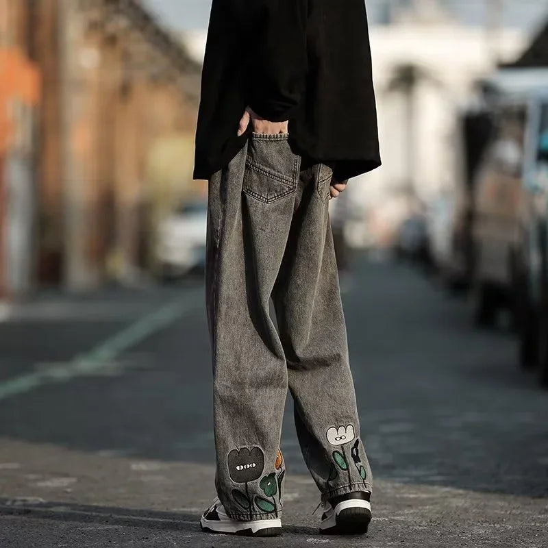 new mens y2k flower printed baggy jeans 2025 streetwear american casual denim wide leg pants hombre vintage straight trousers stacked flare jeans