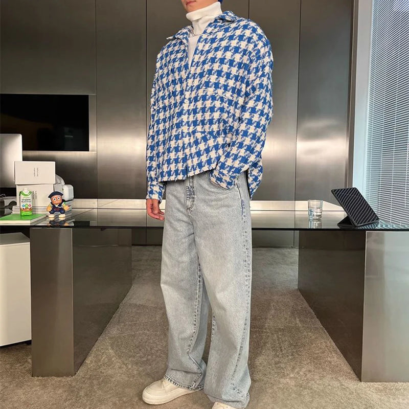 2024 Spring New Simple Versatile Fashionable Blue Houndstooth Woolen Shirt Style Genderless Casual Unisex Long-Sleeved Shirt