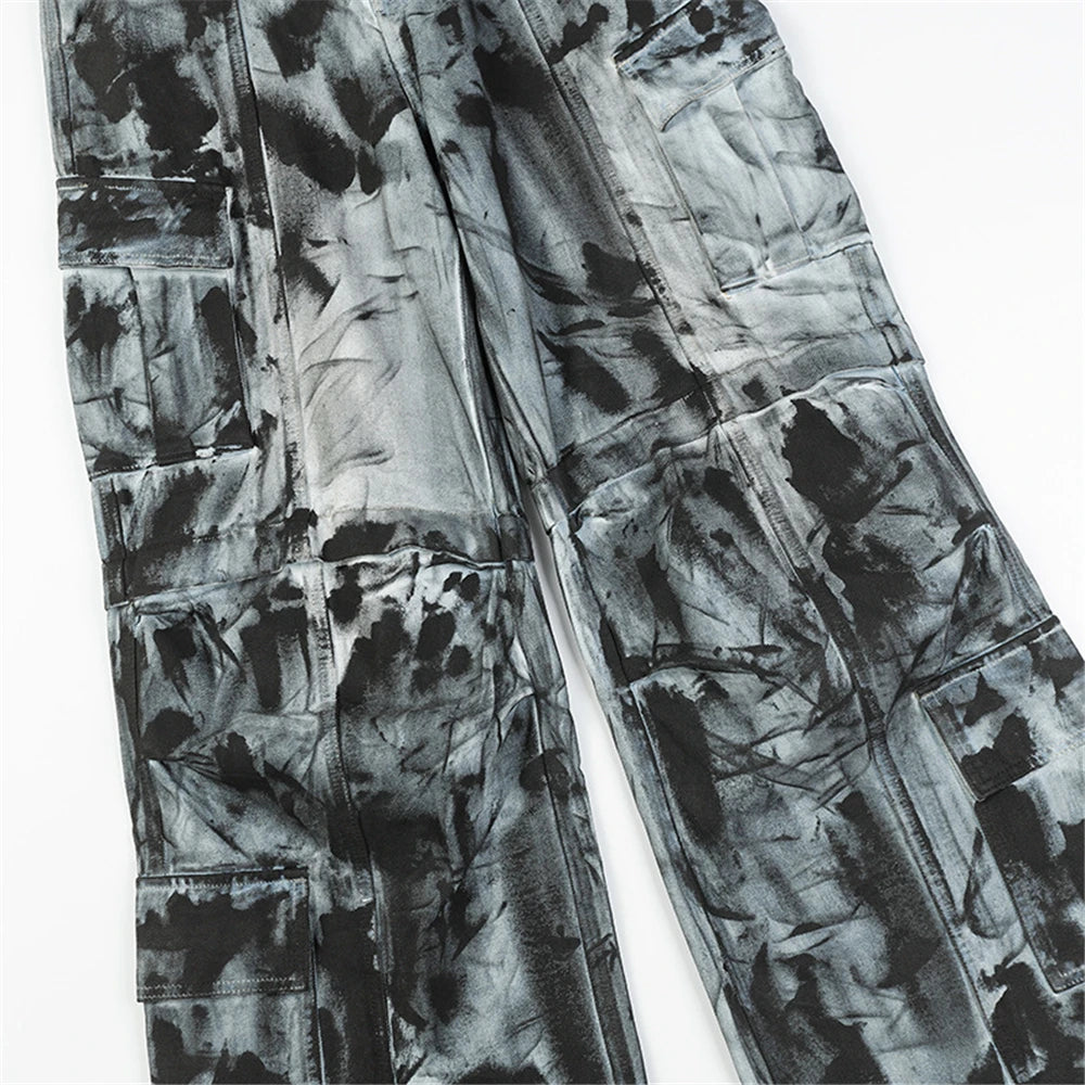 vintage dirty tie dye baggy jeans men multi pocket loose white straight jeans trousers luxury designer oversized denim pant unique jeans style 2936