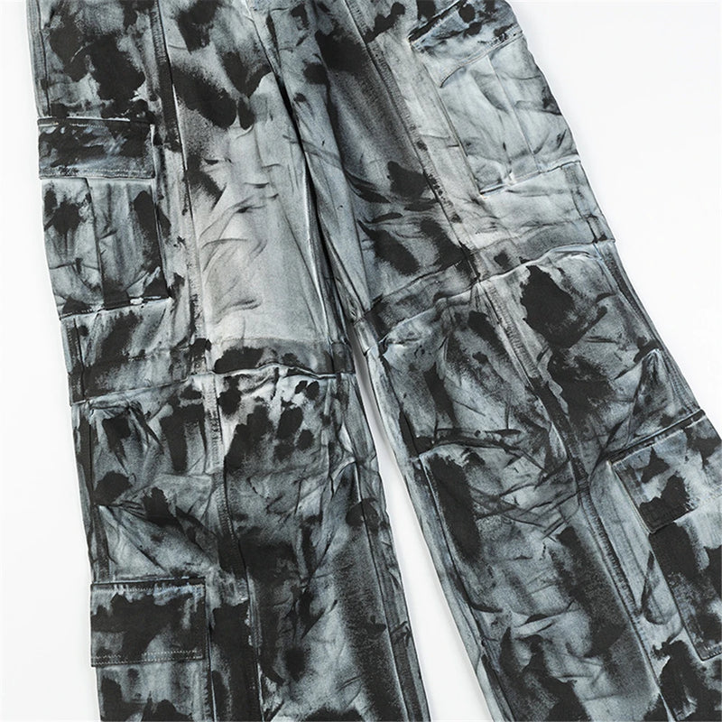 vintage dirty tie dye baggy jeans men multi pocket loose white straight jeans trousers luxury designer oversized denim pant unique jeans style 2936