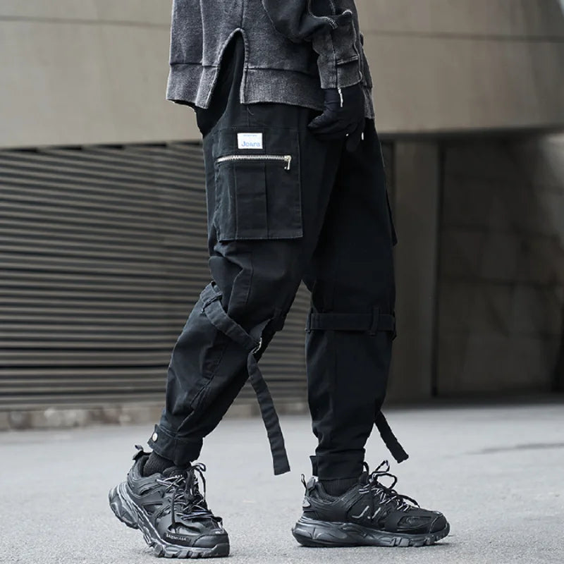 hip hop loose fit elastic waist cargo pants side big pocket ankle pants with belt mens drewstring military sweatpants joggers casual joggers