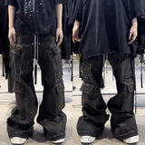 ro style ribbons wide leg multi pockets smoke grey baggy jeans for men straight pantalones hombre drawstring denim trousers unique jeans style 1197