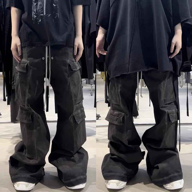 ro style ribbons wide leg multi pockets smoke grey baggy jeans for men straight pantalones hombre drawstring denim trousers unique jeans style 1197