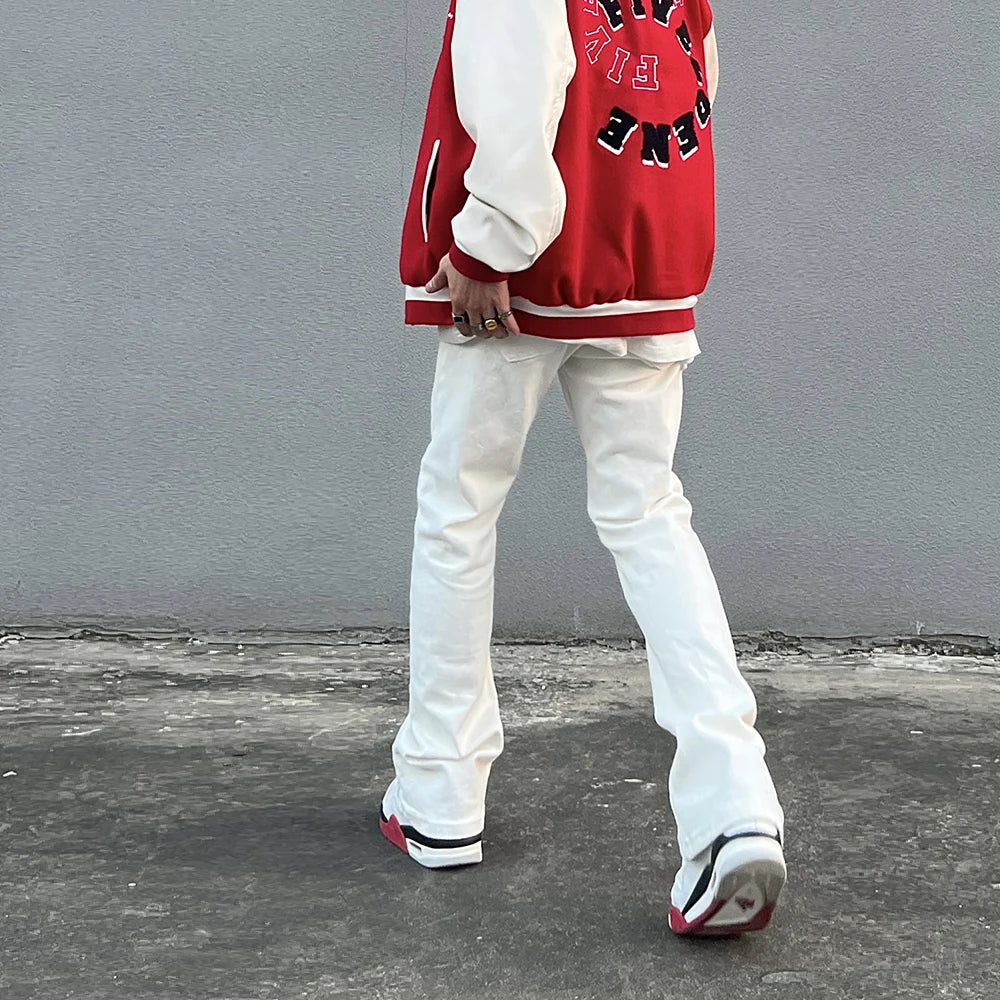 high street micro flare denim pants slim white jeans overall mens fashion casual vibe relaxed solid color washing jeans pants vintage washed jeans