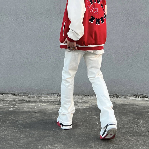 high street micro flare denim pants slim white jeans overall mens fashion casual vibe relaxed solid color washing jeans pants vintage washed jeans