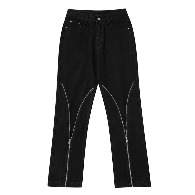 streetwear mens zipper jeans solid color patchwork straight jeans summer casual hip hop denim pants high street loose trousers unique jeans style 3493