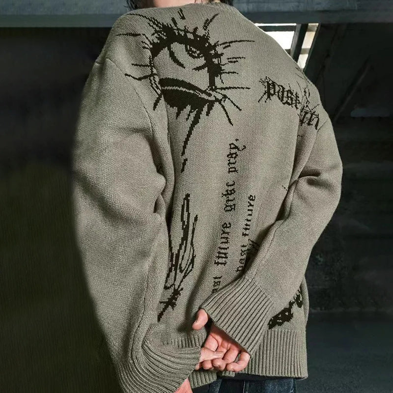 varsity flame knitwear, statement sweater, cozy knitwear for men, oversized grunge aesthetic winter top