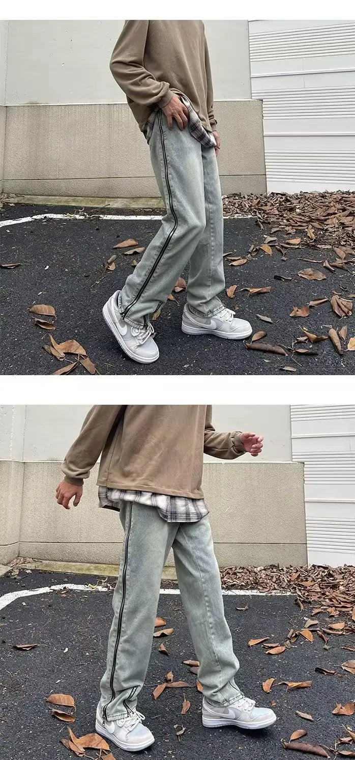 2023 new fashion side zipper hip hop men stretch jeans pants streetwear washed retro straight women denim trousers ropa hombre unique jeans style 733