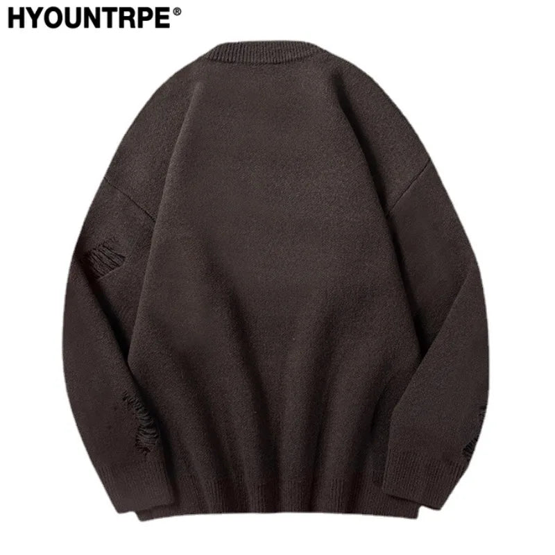 hip hop knitted anime oversized sweater mens ripped sleeve pullover streetwear unisex new casual loose sweaters jumpers knitwear - Y2K grunge street style, anime inspired graphic hoodie, 2025 streetwear drop