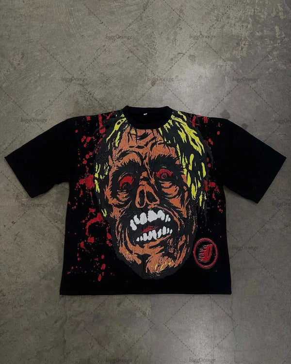 Skatercore Melting smiley – 2023 New Gothic Punk Devil Pattern Print Oversized T Shirt M