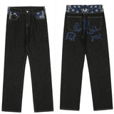 y2k retro sanskrit black jeans street casual pants punk male hip hop print loose harajuku mens straight pants ins hot sale vintage washed jeans