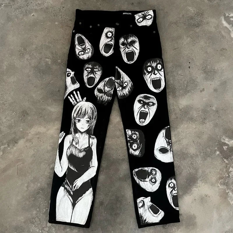 street retro dark style cartoon anime print oversized wide leg pants women y2k harajuku trendy brand high waist washed trousers unique default style 3345