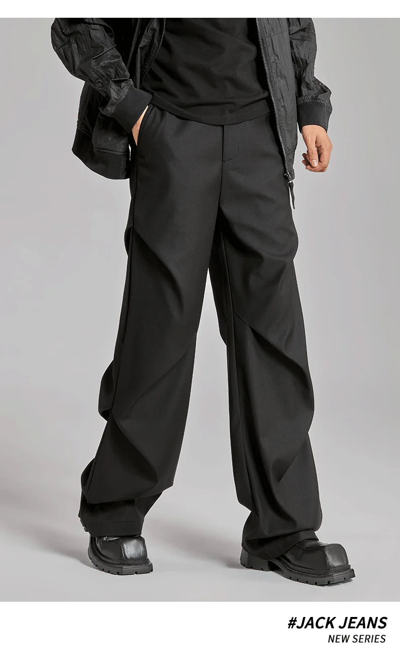 extended length edition wrinkle fashion men streetwear fashion hip hop vibe loose casual straight black suit pant trousers unique default style 1923
