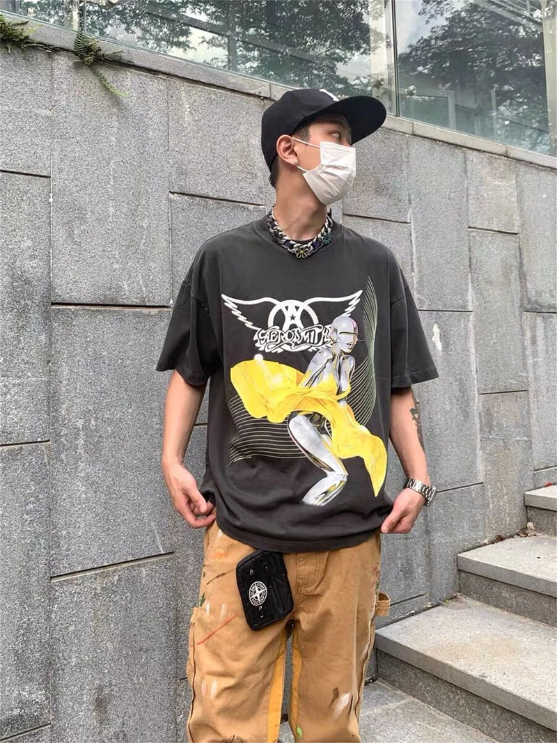 gothic aesthetic print tee featuring summer vintage retro style printing washed casual loose high street tops t shirt for men