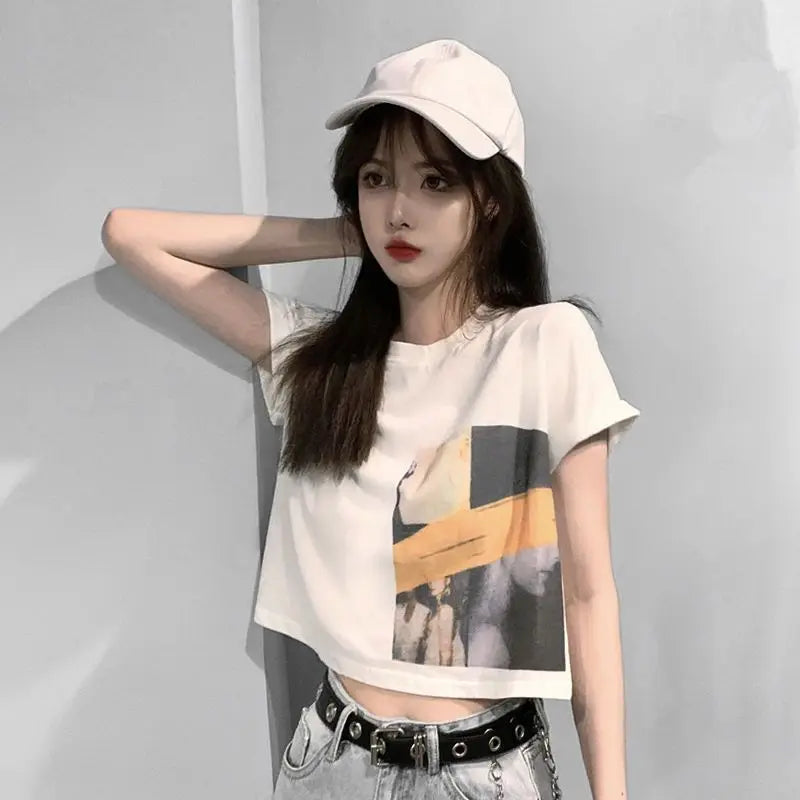 Skatercore Vintage print – New Summer New Pure Cotton Discreet Navel Baring Short Sleev