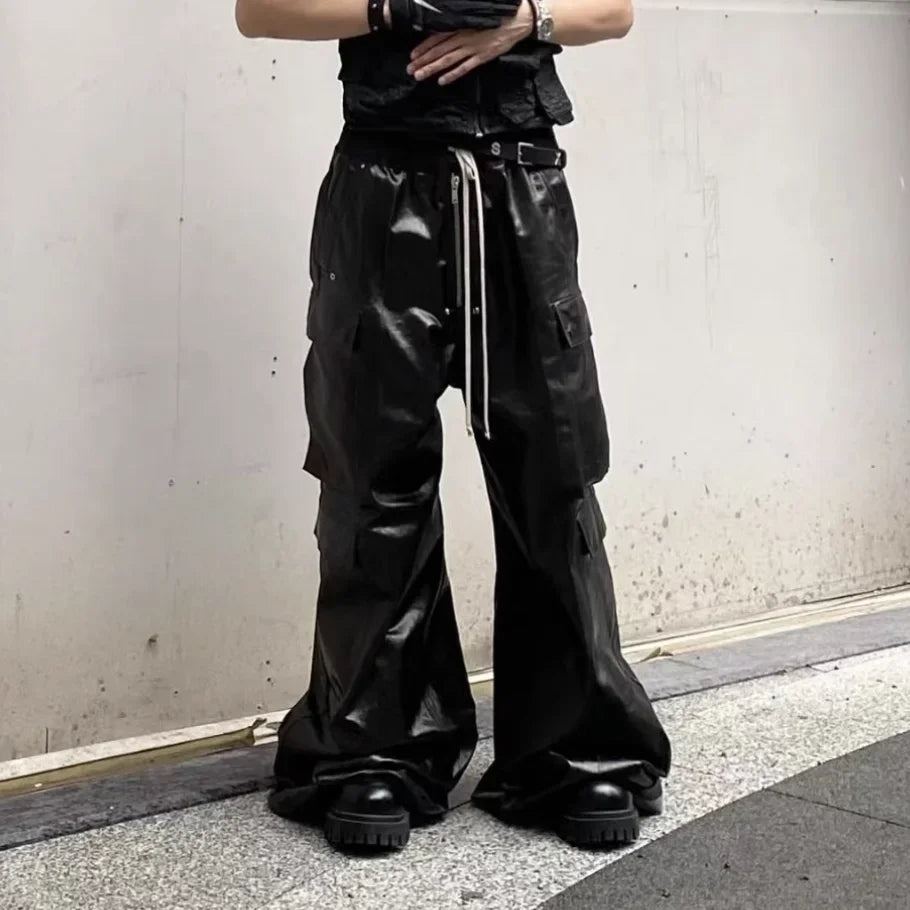 ro style glossy black pu leather pants for men high street y2k pantalones hombre baggy overall wide leg drawstring cargos unique cargo style 5641