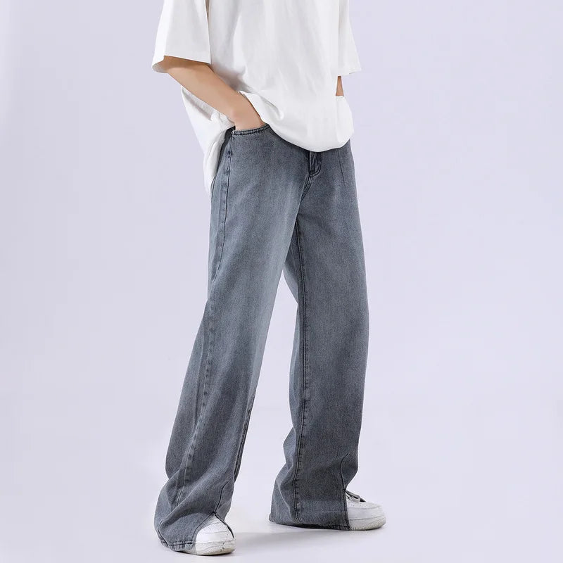 rainbowtouches mens washed jeans vintage high street gradient fashion trends zipper jeans loose straight long pant casual pants unique jeans style 3508