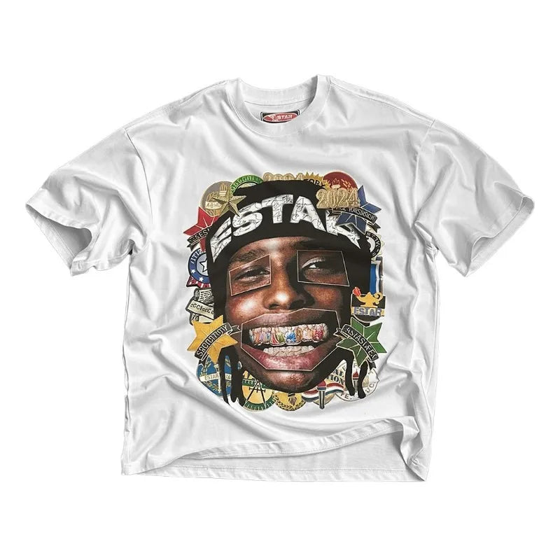 Harajuku Graphic tee – Retro Anime Portrait Print Fashion Short Sleeved Tops Men Y2