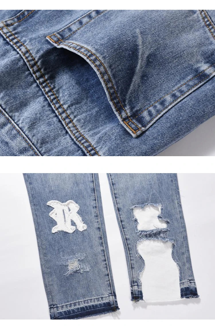 letters patckwork bottom ripped denim jeans men casual straight biker trousers fashion streetwear hip hop jean pants joggers unique joggers style 3744