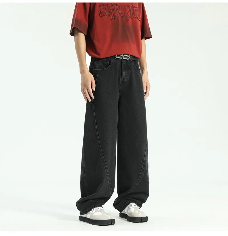 new vintage men s patchwork baggy jeans draped straight leg denim trousers autumn korean fashion high street casual y2k jean unique jeans style 551