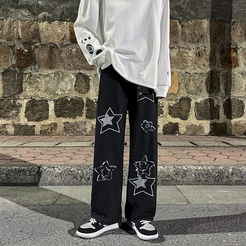 2023 autumn new light luxury fashion jeans men loose european and american style wide leg trousers boutique clothing simplestyle unique jeans style 3873