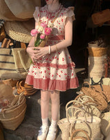 Summer Red Lolita Kawaii Dress Women Bow Sweet Princess Party Mini Dress Female Patchwork Korean Fashion Cherry Cute Dress 2023