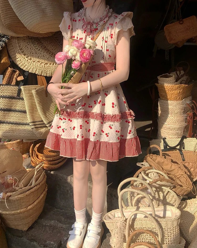Summer Red Lolita Kawaii Dress Women Bow Sweet Princess Party Mini Dress Female Patchwork Korean Fashion Cherry Cute Dress 2023
