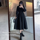 Black Elegant Dress Women Vintage Long Sleeve Spring Autumn Dresses Square Collar Oversize Loose Casual Robe Streetwear