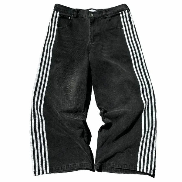 baggy jeans harajuku goth y2k jeans for men black striped new hip hop embroidered wide leg denim pants high street streetwear unique jeans style 270