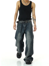 mens high street loose denim jeans unisex casual straight zipper jeans hip hop streetwear casual wide legs joggers baggy jeans sporty tapered joggers