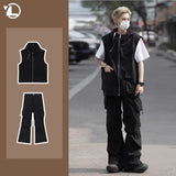 summer casual sleeveless set men hip hop loose hooded vest pockets straight leg cargo pants 2 piece outdoors sports camp suit unique cargo style 4426