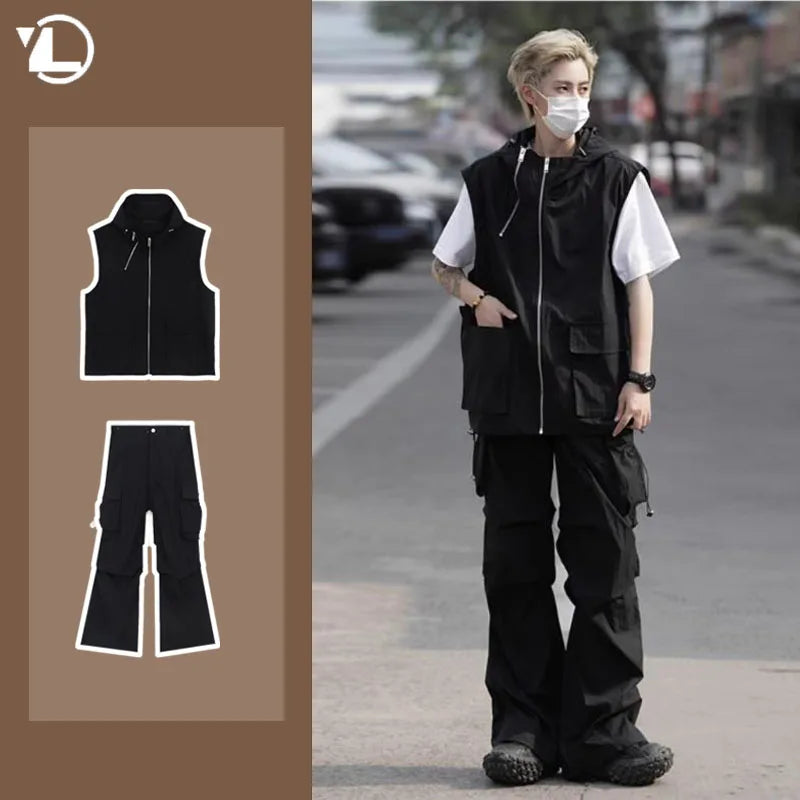 summer casual sleeveless set men hip hop loose hooded vest pockets straight leg cargo pants 2 piece outdoors sports camp suit unique cargo style 4426