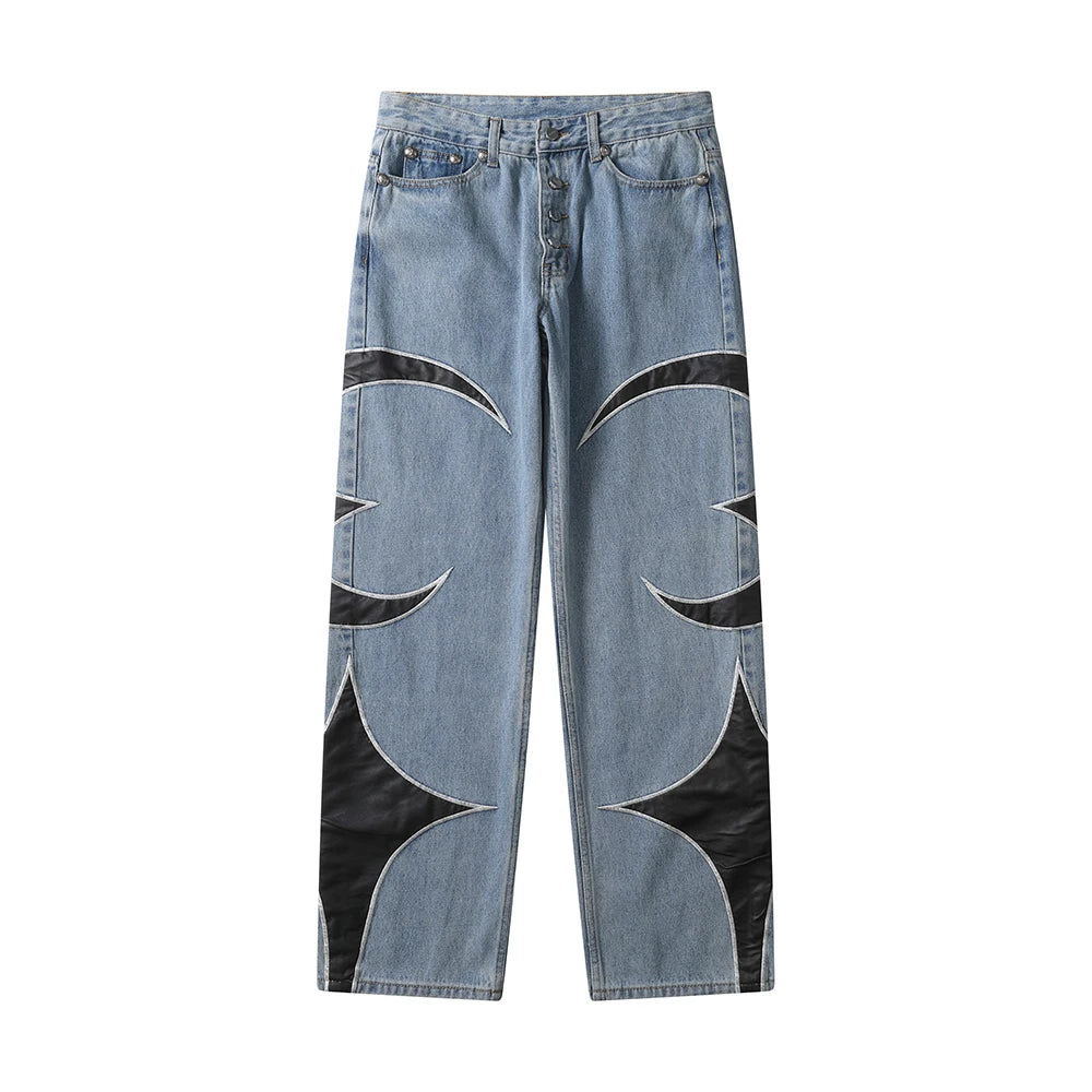 harajuku pu leaher embroidery patchwork baggy y2k jeans mens streetwear straight oversized denim trousers unisex cargo pants combat utility trousers