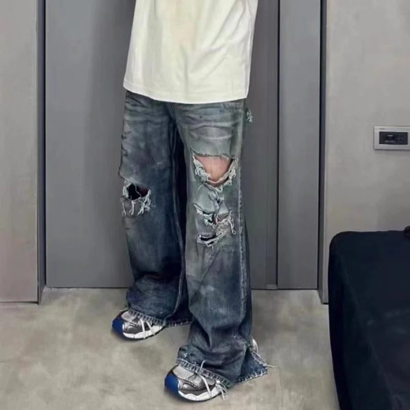 mens baggy jeans blue distressed ripped loose denim pants streetwear oversized hip hop jeans trousers unique jeans style 613