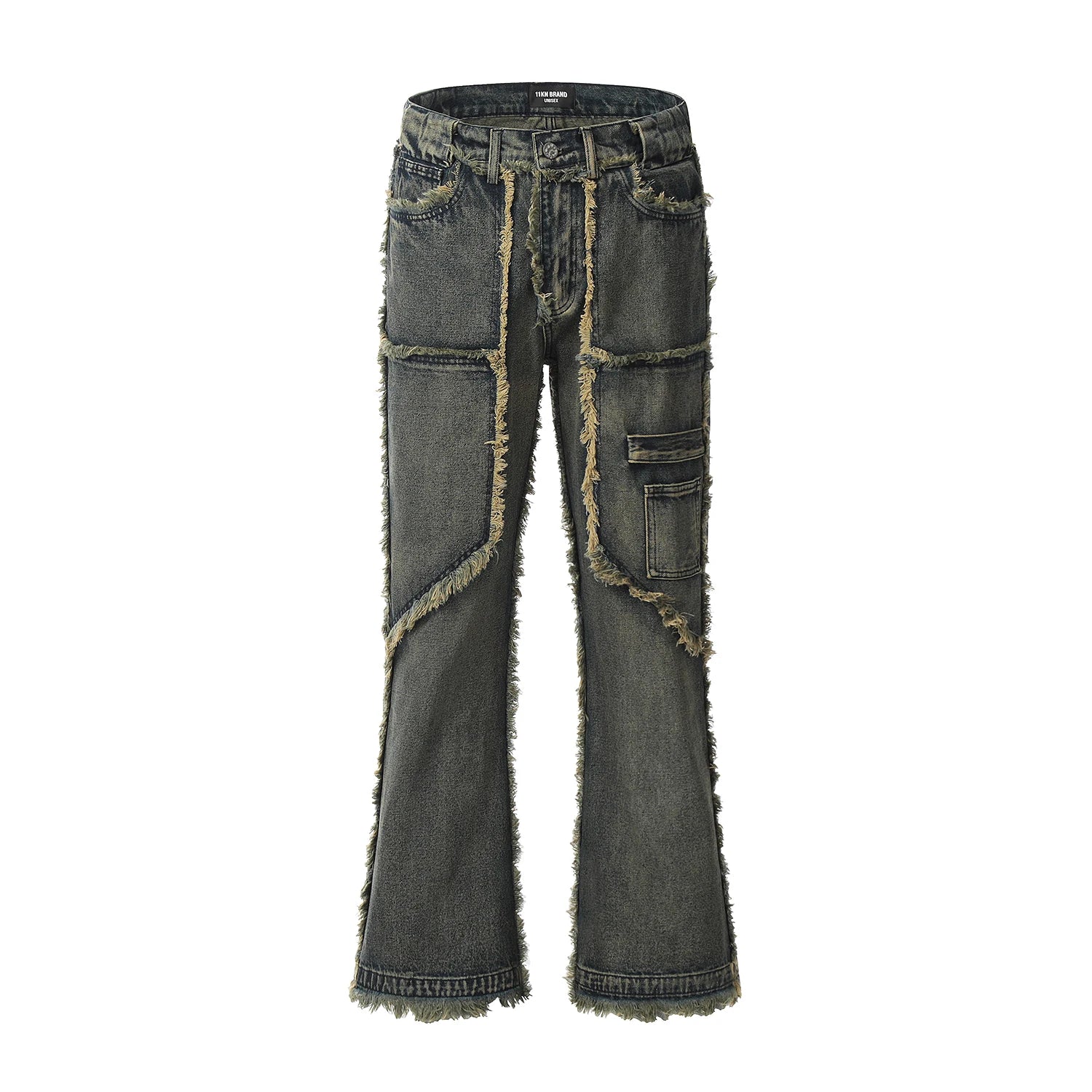 streetwear heavy craft washed distressed faded jeans flare slim straight tassel jeans for men and women raw edge denim pants unique jeans style 652