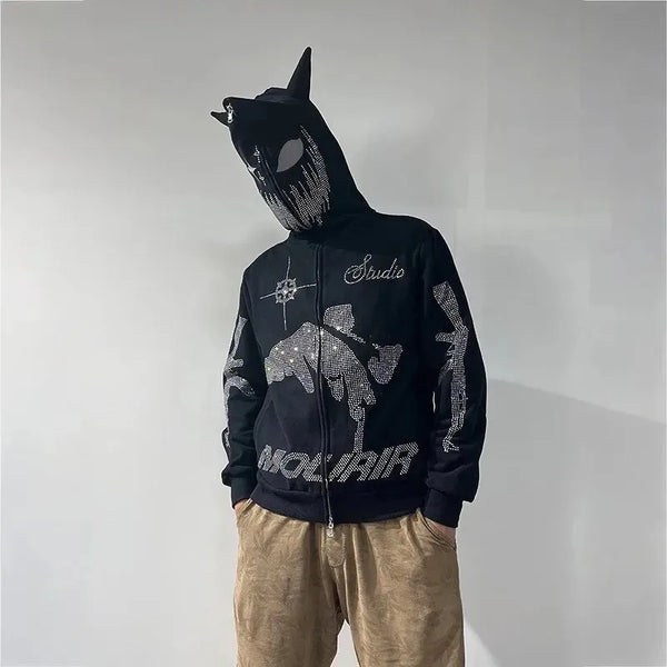 Men Y2K Rhinestones Letter Graphics Print Fashion Hoodie Zip Hoodie Cl