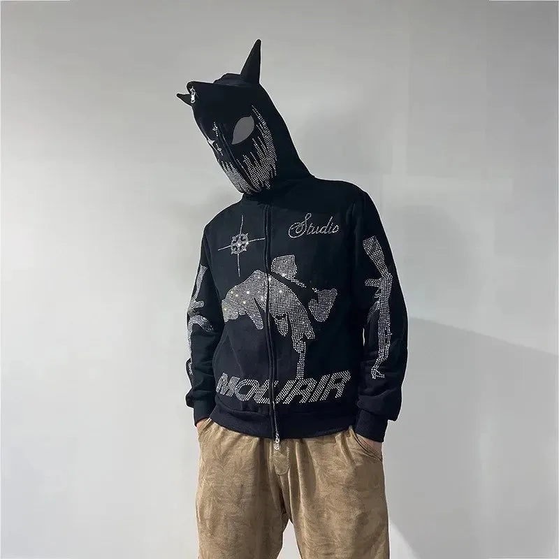 Men Y2K Rhinestones Letter Graphics Print Fashion Hoodie Zip Hoodie Cl