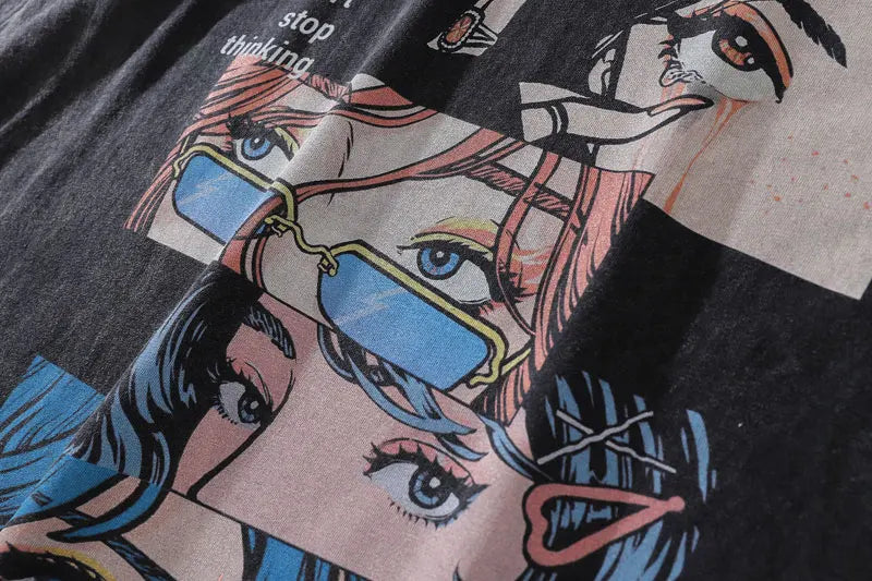 Harajuku Oversized Shirt – Distressed Oversize T Shirt Streetwear Japanese Anime Eyes P – Urban Streetwear for Men & Women