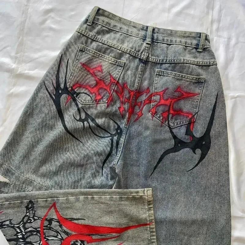street popular gothic print spot jeans men y2k new harajuku casual loose straight wide leg pants couple joker punk denim trouser denim street jeans