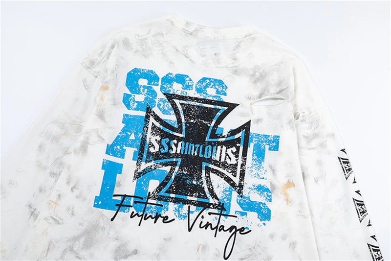 sssaint Louis Vintage Dirty Worn Distressed Cross Print High-Street Graffiti Long Sleeve T Shirt Pullover Summer