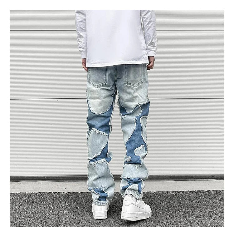 ripped irregular patchwork design denim jeans men casual zipper biker trousers jeans fashion streetwear hip hop pants joggers unique joggers style 3629