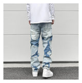 ripped irregular patchwork design denim jeans men casual zipper biker trousers jeans fashion streetwear hip hop pants joggers unique joggers style 3629