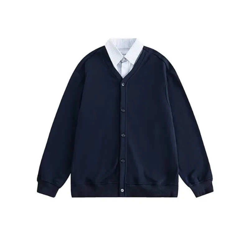 mens casual 2 pcs sets fake two pieces cotton shirt corduroy street wide leg pants sets japanese college retro couples suit unique default style 4568