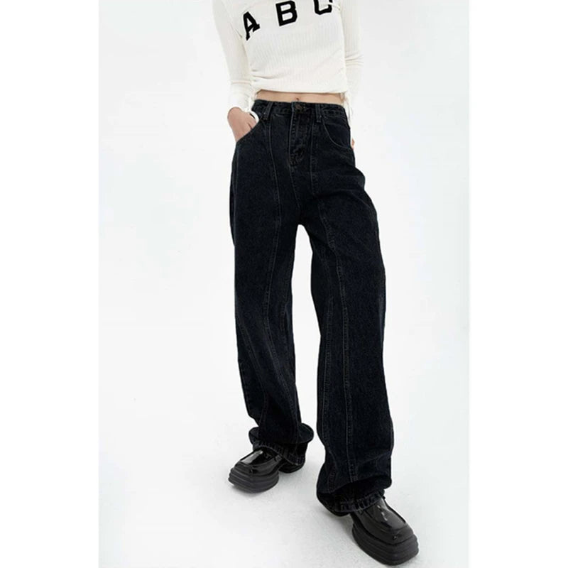 navy blue vintage jeans womans high waist summer wide leg denim trouser baggy streetwear chic design ladies straight jean pants unique jeans style 2867