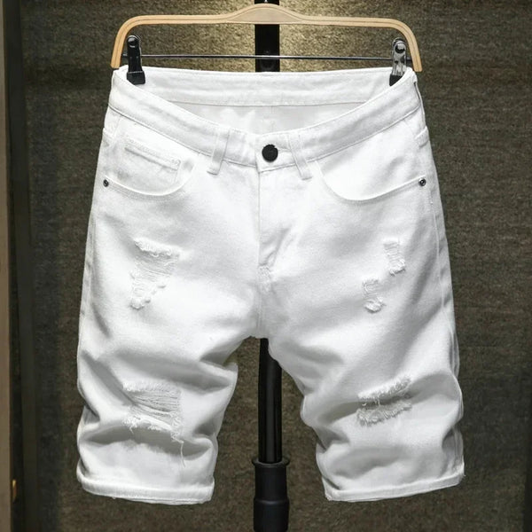 new white jeans shorts men fashion ripped knee length pants simple casual slim hole denim shorts male streetwear denim street jeans